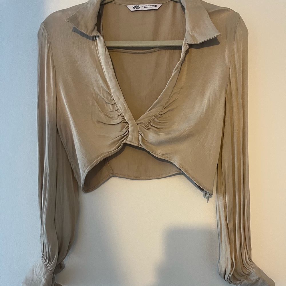 Zara Sarin Tan Ruched Crop Blouse with Notched Collar